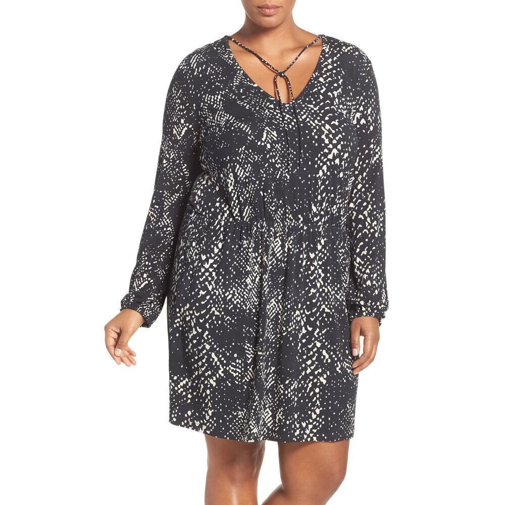 Tart Long Sleeve Tie V-Neck Printed Dress - Black Multi/Abstract Python